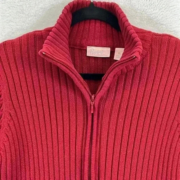 Preview International Women's Cardigan Sweater XL Red Zip-Up Ribbed Cotton Knit - Picture 4 of 11